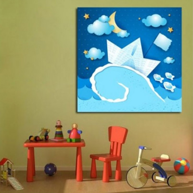 Παιδικός πίνακας σε καμβά με χάρτινο καραβάκι